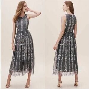 BHLDN NWT Anthropologie Bridesmaids Embroidered Floral Parsons Grey Midi Dress 0